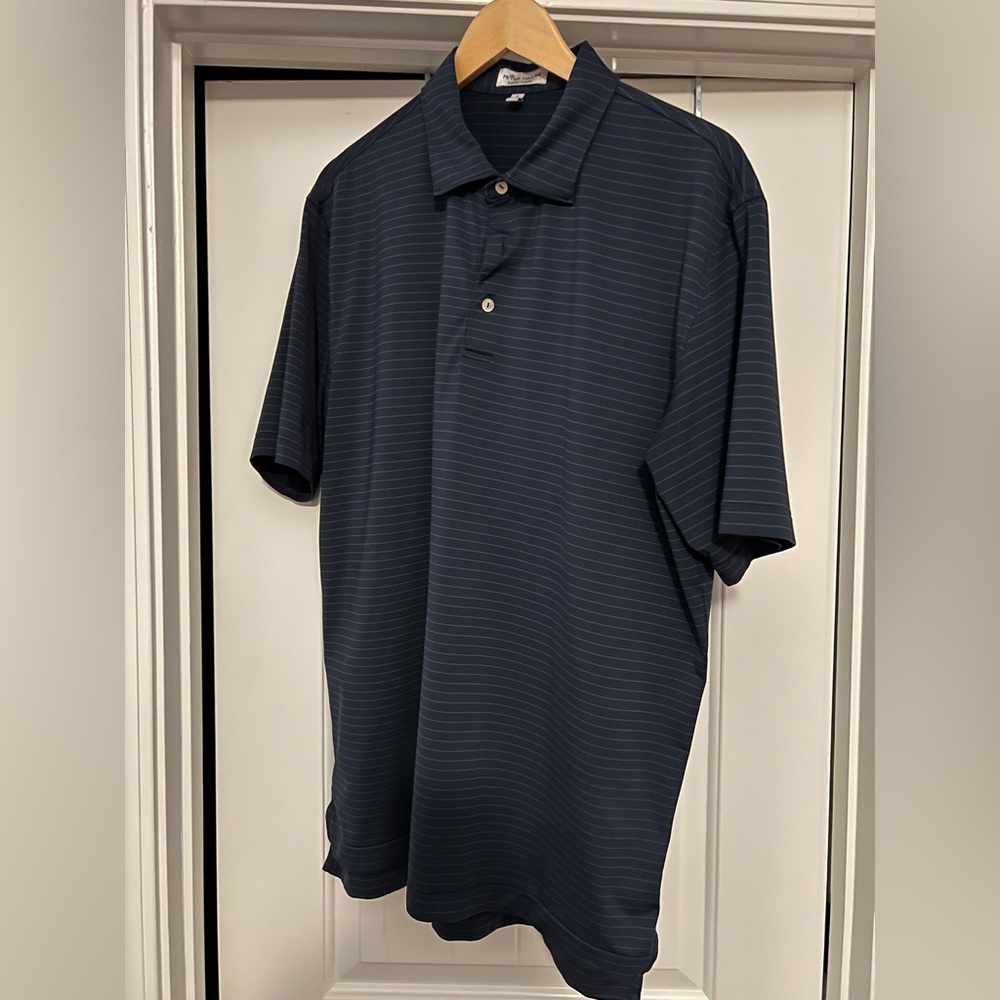 EUC Peter Millar Summer Comfort Polo size Large - navy w/ green stripe no logo